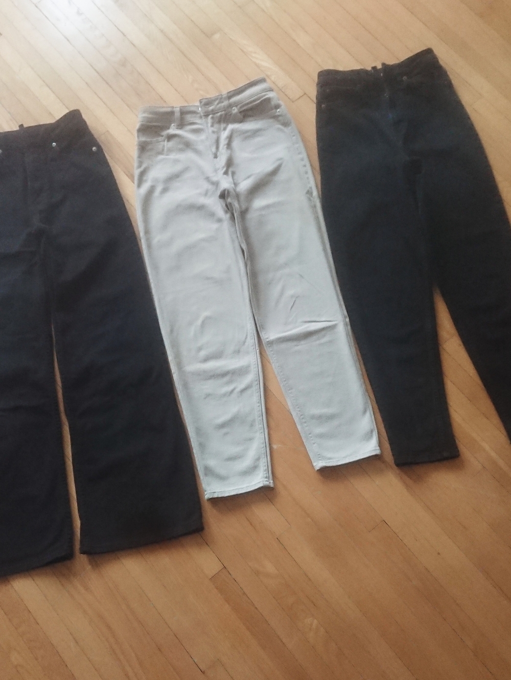 Three pairs of high-rise jeans - black Tapered, Wide leg & biege Straight, size2
